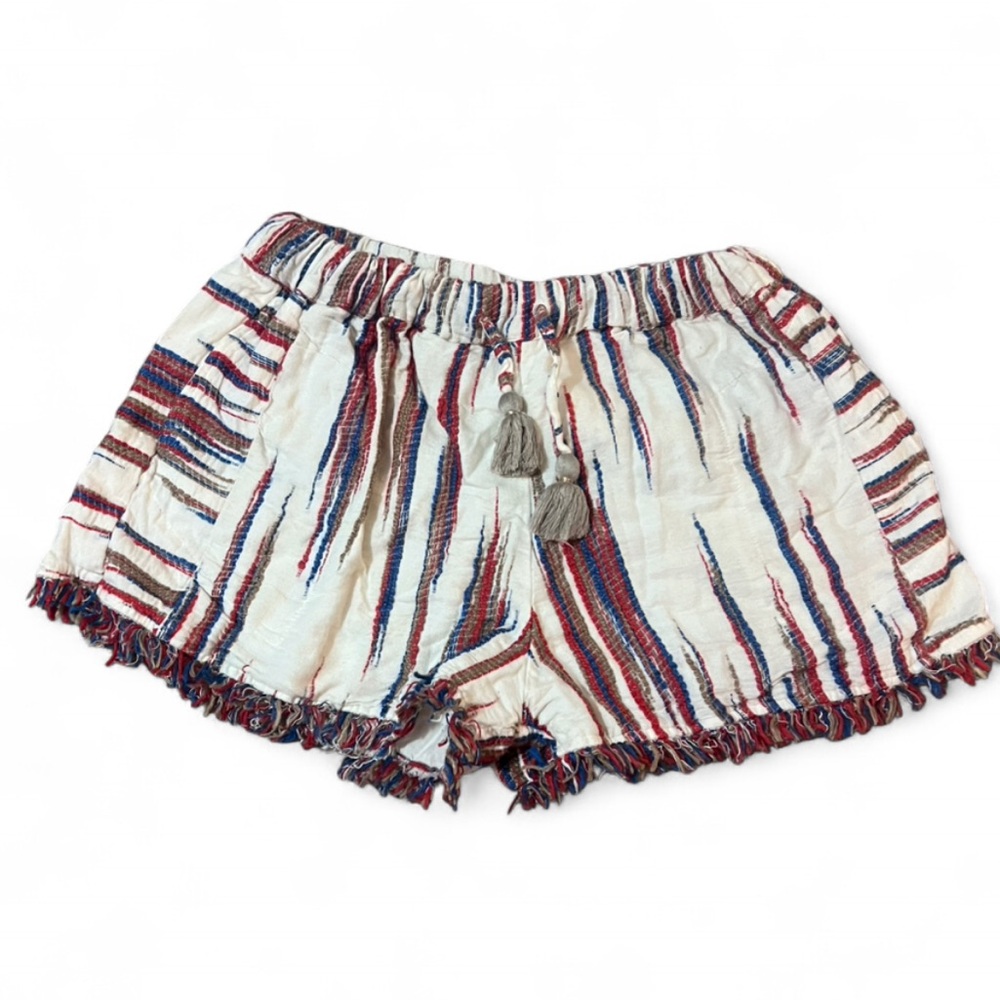 THML Striped Tassel-Waist Women’s Shorts With Fringe Hem- Ivory with Red & Blue